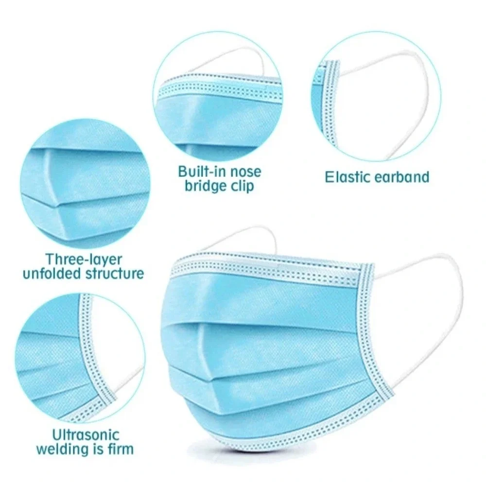 EYOUNG 50 Pieces Disposable‎ Face Mask Blue 3 Layer Elastic Earband